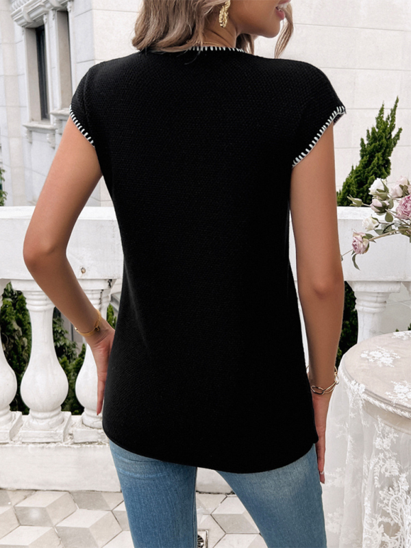 Women's casual short-sleeved contrasting color sweater top
