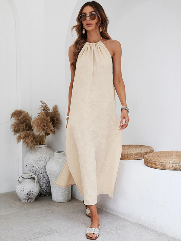 Casual style large backless seaside holiday halter dress