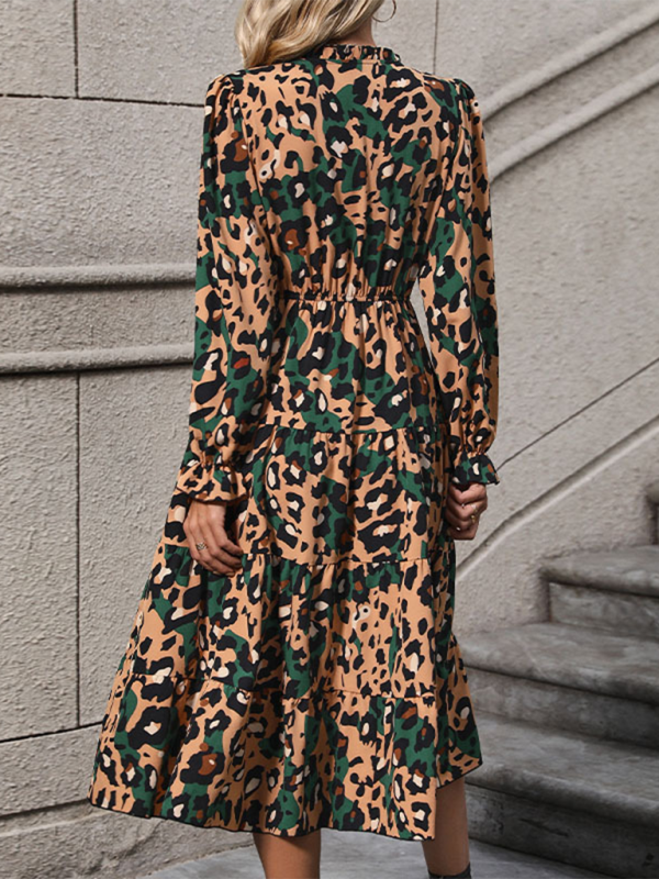 Women's mid-length long-sleeved leopard print dress