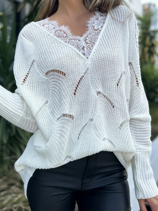 Women's lace stitching mid-length white sweater