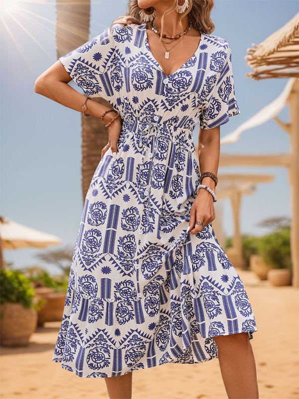Women's casual A-line ethnic style printed dress