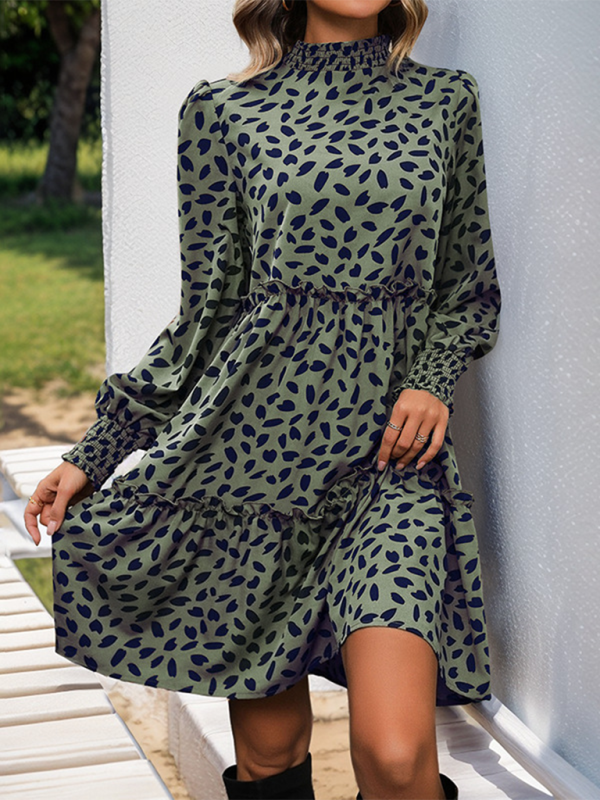 Women's small stand collar leopard print long sleeve loose dress