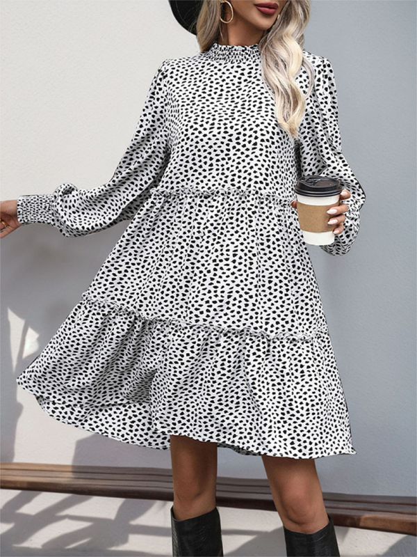 Women's small stand collar leopard print long sleeve loose dress