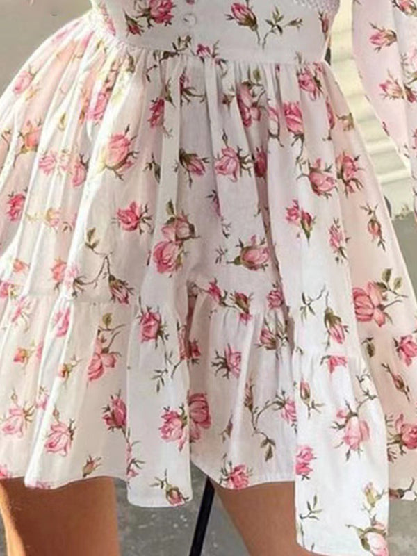 Sweet Printed V-Neck Lace Short Dress