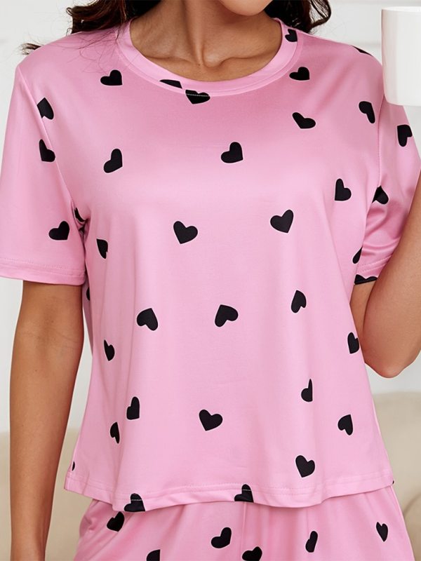 Heart print soft short sleeve top, shorts pajamas set