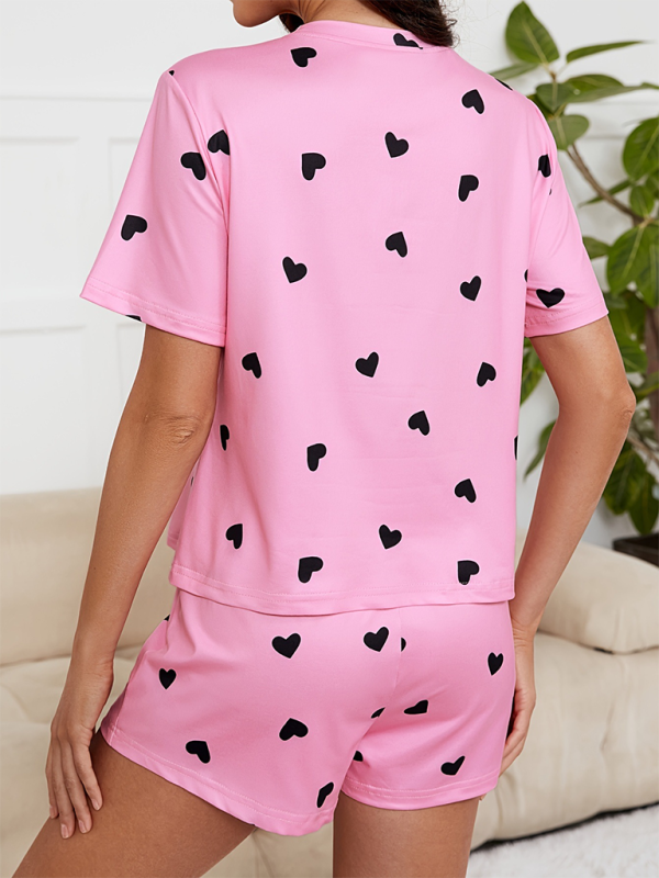 Heart print soft short sleeve top, shorts pajamas set