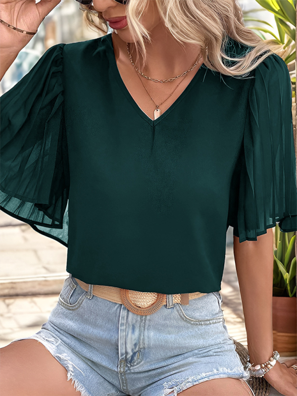 Women's solid color pleated short sleeve shirt