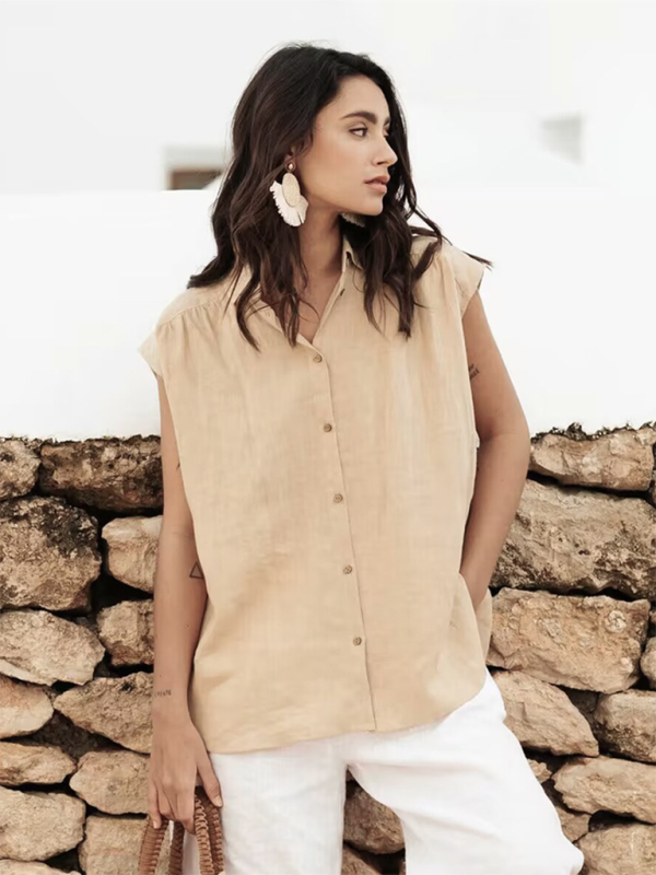 Cotton and linen sleeveless solid color shirt top