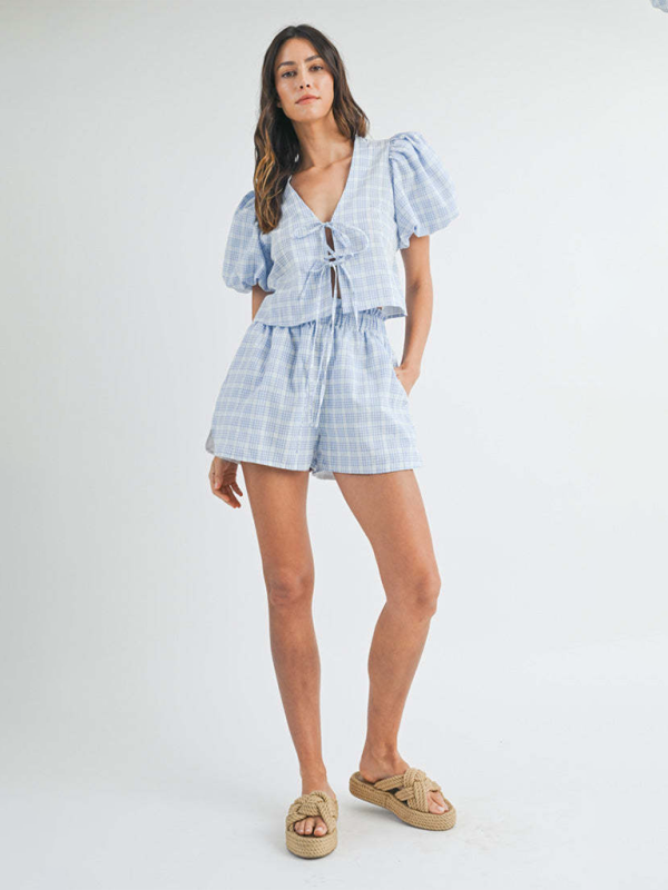 V-neck tie bow puff sleeve top casual shorts plaid two-piece set