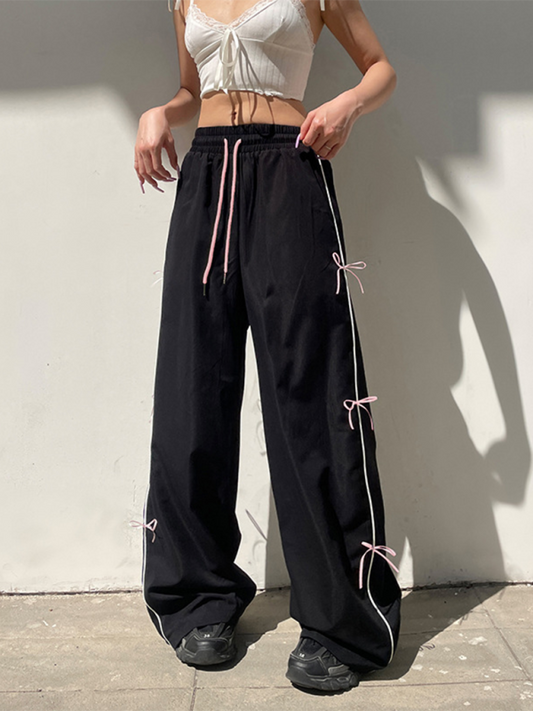 Street style loose bow stitching wide-leg casual trousers