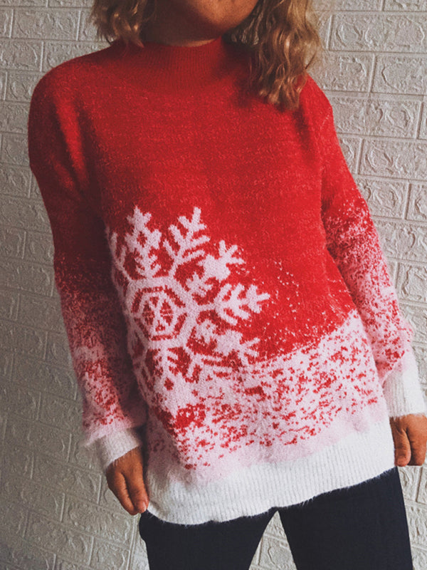 Women's Half Turtleneck Long Sleeve Snowflake Colorblock Knit Christmas Sweater