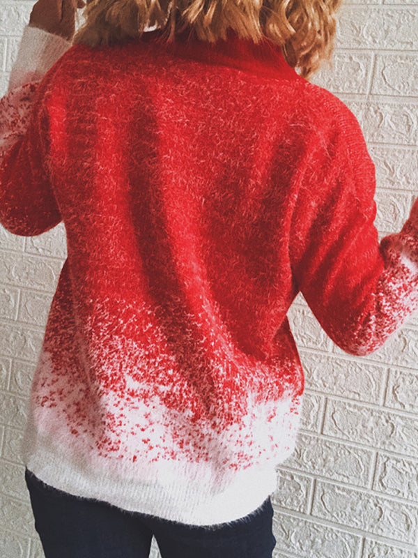 Women's Half Turtleneck Long Sleeve Snowflake Colorblock Knit Christmas Sweater