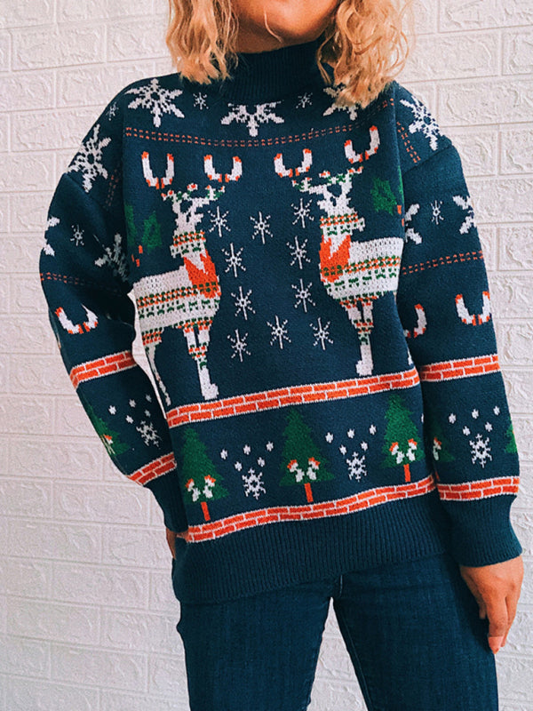 महिलाओं की क्रिसमस थीम्ड एल्क स्नोफ्लेक क्रिसमस ट्री निट स्वेटर स्वेटर