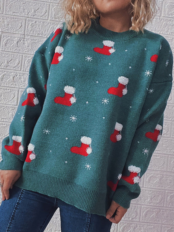 Women's Round Neck Long Sleeve Christmas Sweater Christmas Jacquard Thickened Pullover