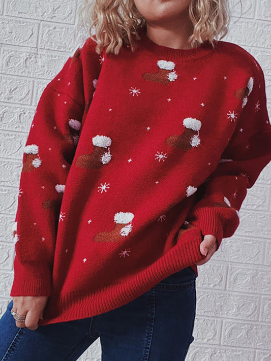 महिलाओं की गोल गर्दन लंबी आस्तीन क्रिसमस स्वेटर क्रिसमस मोजे जैक्वार्ड मोटा स्वेटर