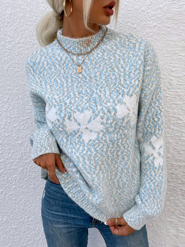 Women's Casual Half Turtleneck Snowflake Knit Christmas Sweater