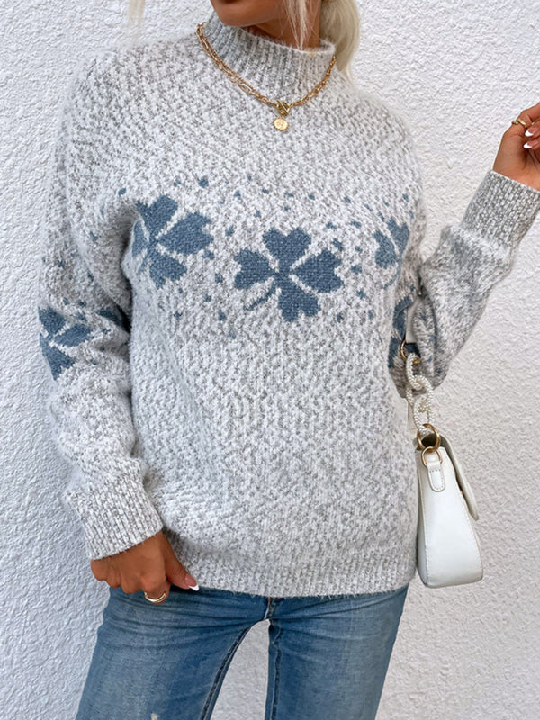 Women's Casual Half Turtleneck Snowflake Knit Christmas Sweater