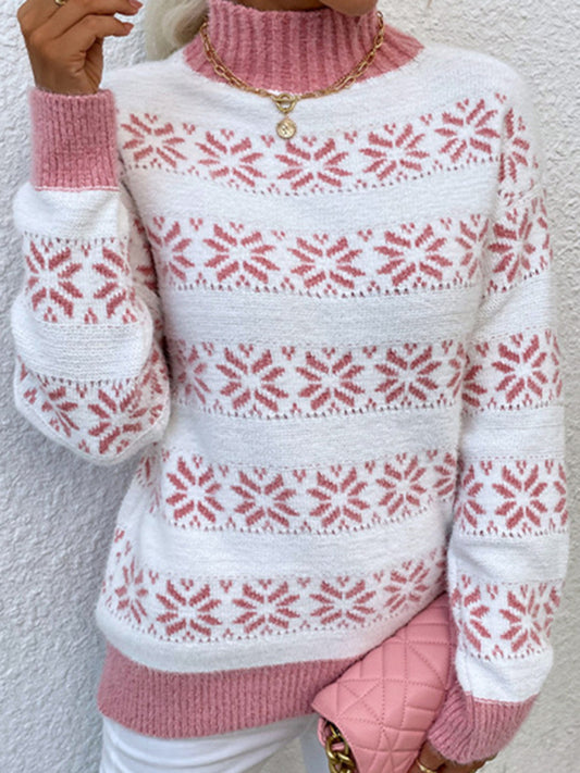 महिलाओं का बुना हुआ आधा टर्टलनेक क्रिसमस स्नोफ्लेक स्वेटर