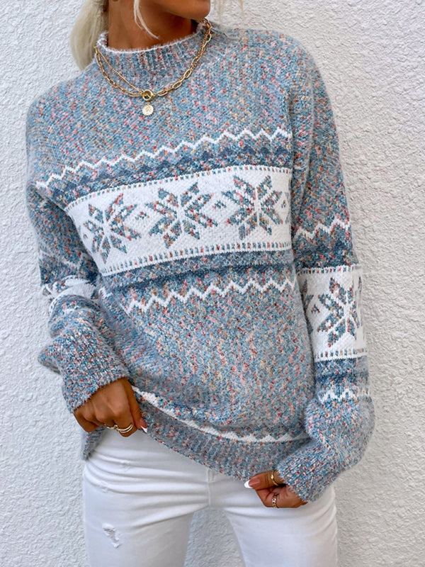 Women's Knitted Half Turtleneck Snowflake Christmas Sweater