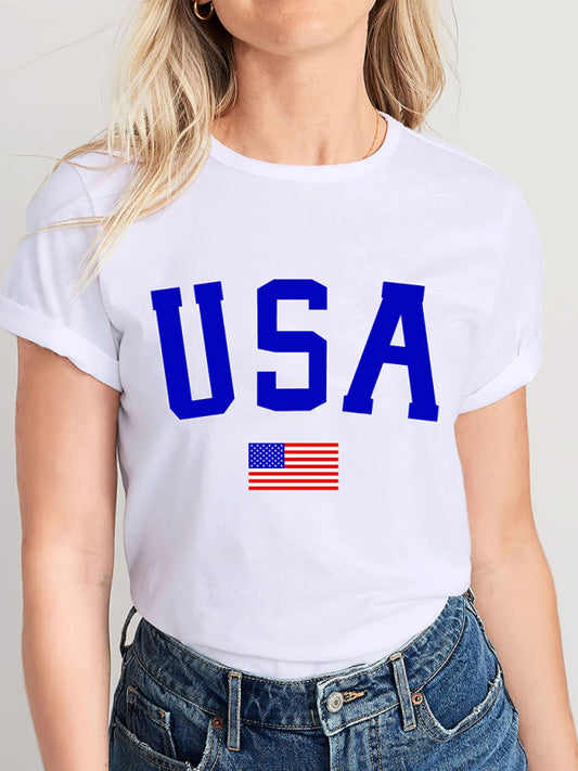 Women's Knitted Round Neck Independence Day Print Short Sleeve T-Shirt