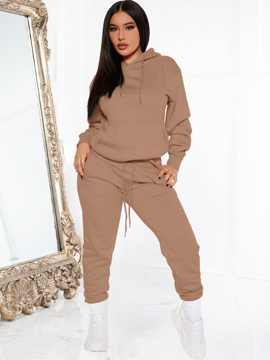 Solid color casual sweater hooded sports top and bottom set