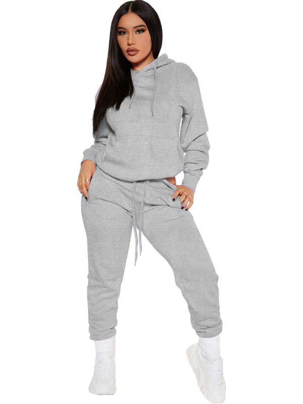 Solid color casual sweater hooded sports top and bottom set