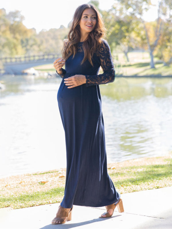 Solid color maternity lace hollow long sleeve long dress
