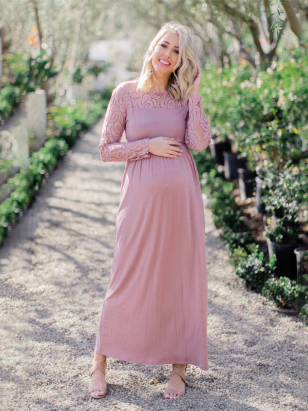 Solid color maternity lace hollow long sleeve long dress