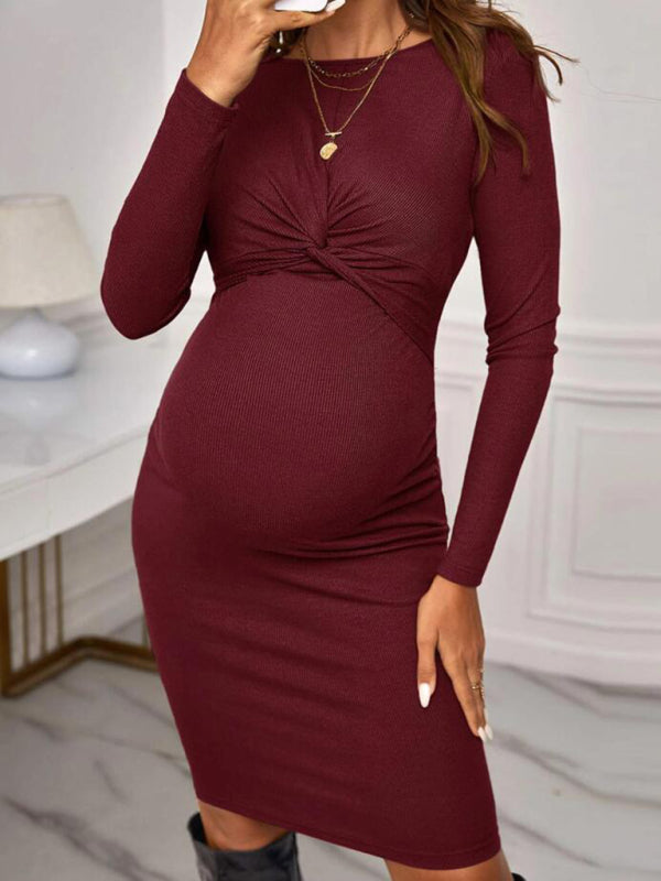 Round neck long sleeve tight solid color short maternity dress