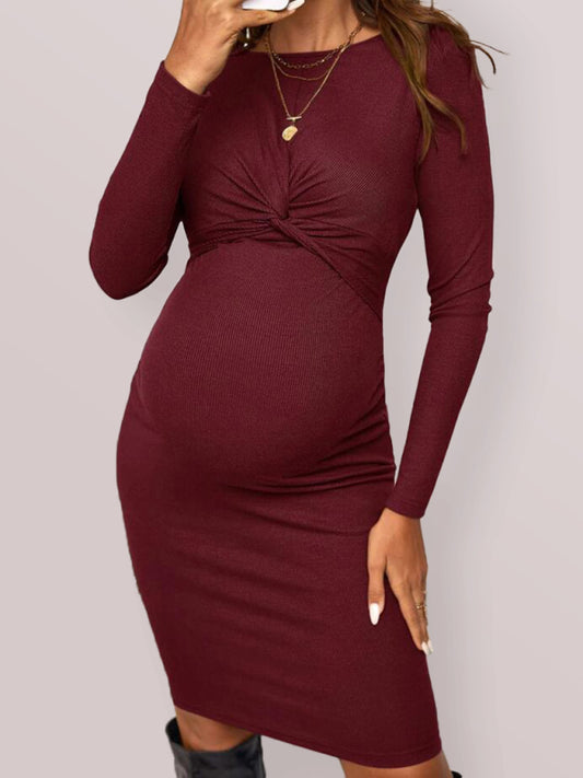Round neck long sleeve tight solid color short maternity dress