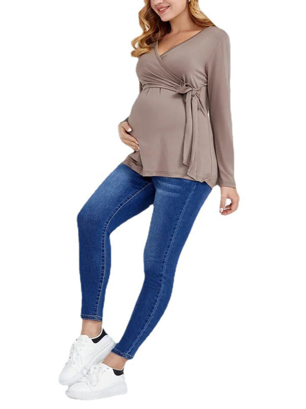 Solid color nursing V-neck long-sleeved maternity blouse