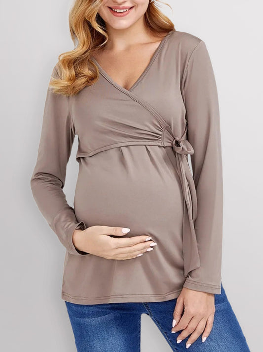 Solid color nursing V-neck long-sleeved maternity blouse