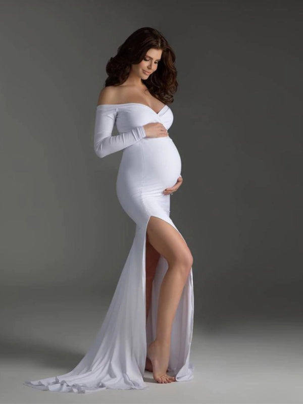Maternity clothes-one-shoulder V-neck hem slit trailing tail dress