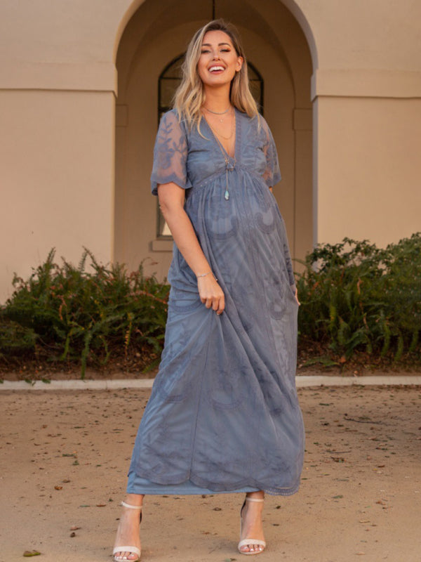 Maternity short-sleeved V-neck lace long dress