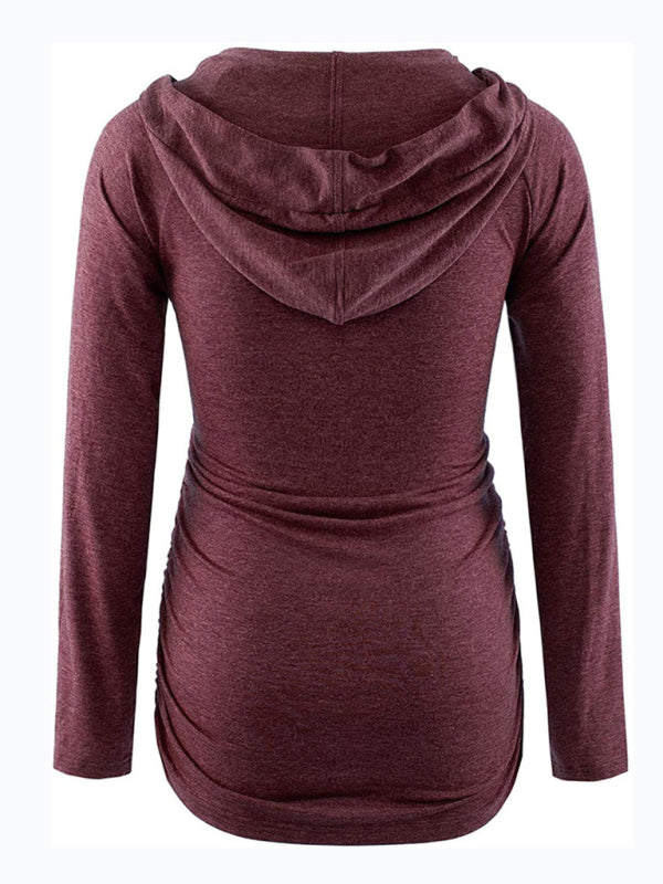 Maternity solid color hooded pocket long-sleeved sweatshirt