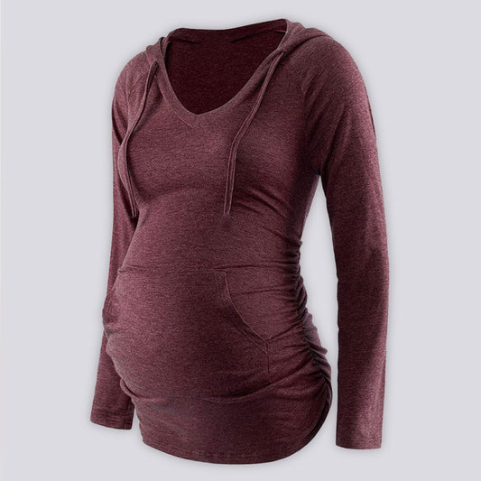 Maternity solid color hooded pocket long-sleeved sweatshirt