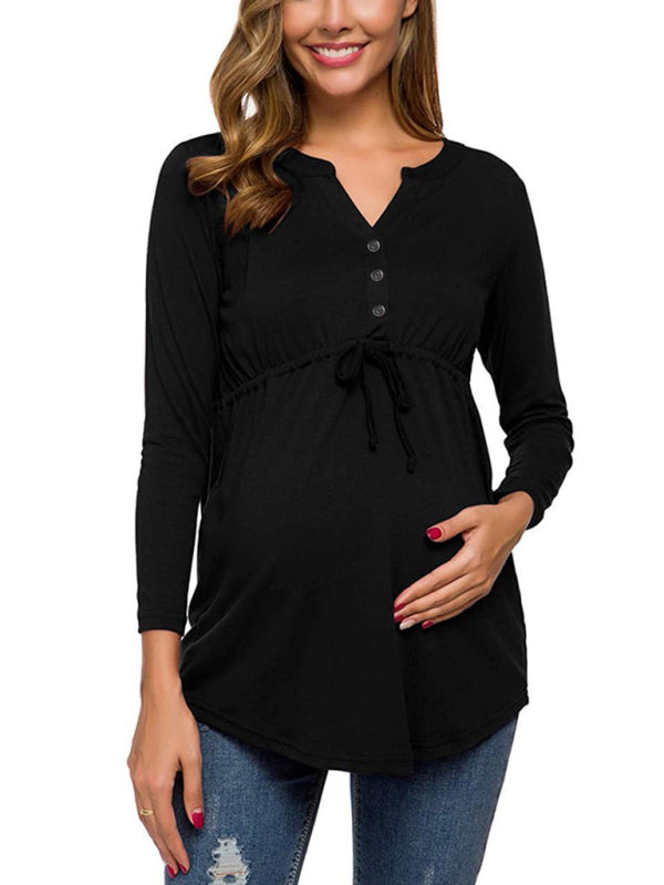 Maternity solid color drawstring button half cardigan long-sleeve blouse