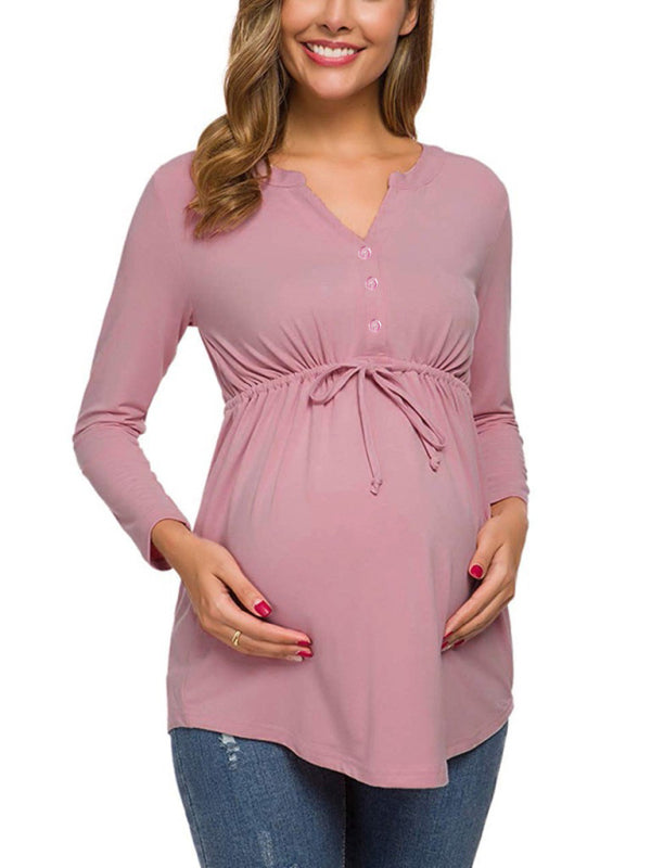 Maternity solid color drawstring button half cardigan long-sleeve blouse