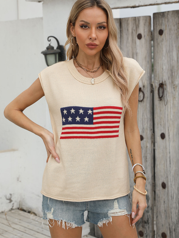 Independence Day Round Neck Flag Knit Short Sleeve Sweater