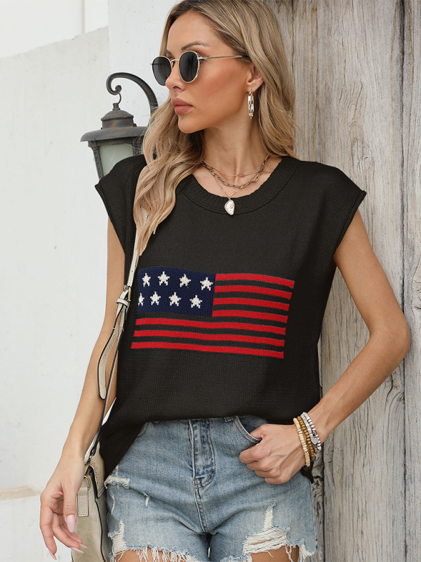 Independence Day Round Neck Flag Knit Short Sleeve Sweater