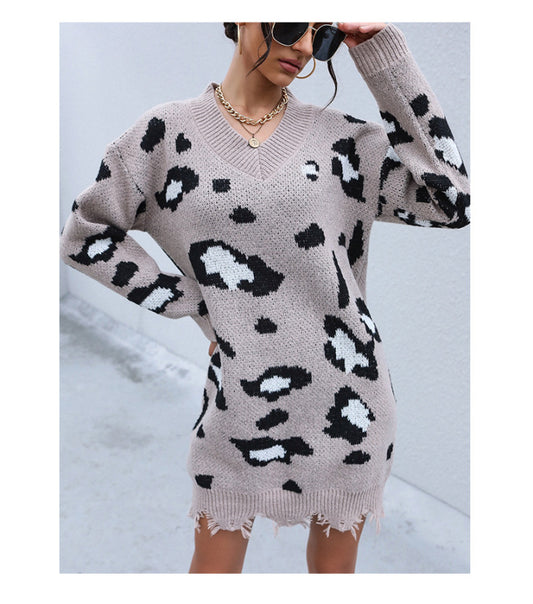 Knit Long Sleeve V-Neck Shabby Leopard Sweater Dress
