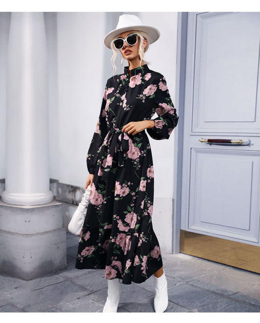 Printed long sleeve semi-collar long dress