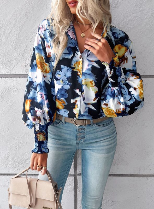 Temperament casual floral printed lantern sleeve shirt