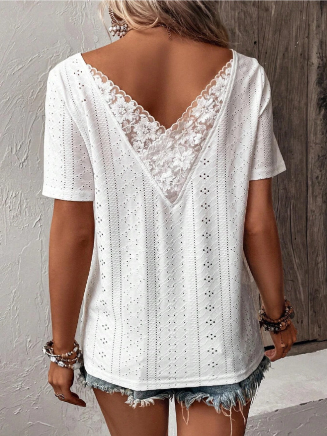 Lace Detail Eyelet Short Sleeve Blouse - White / S