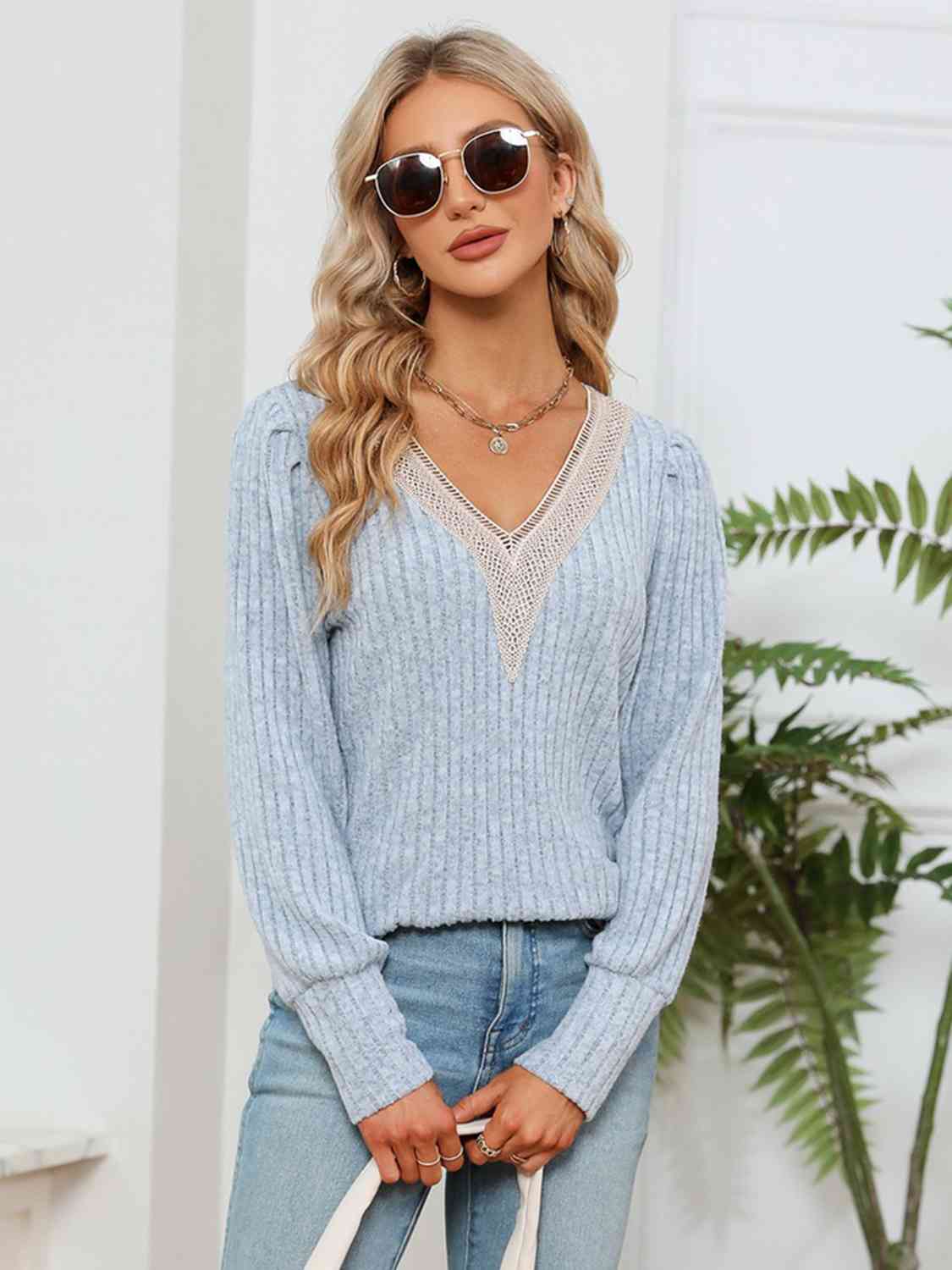 Lace Detail V-Neck Ribbed Blouse Print on any thing USA/STOD clothes