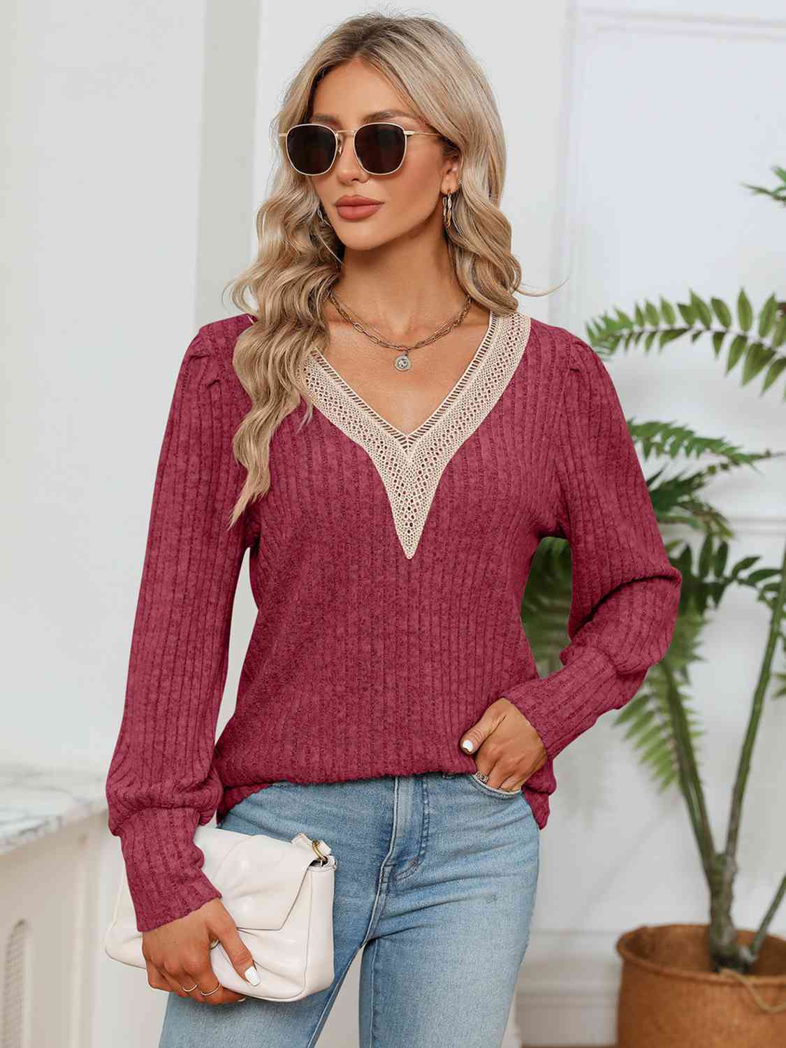 Lace Detail V-Neck Ribbed Blouse Print on any thing USA/STOD clothes