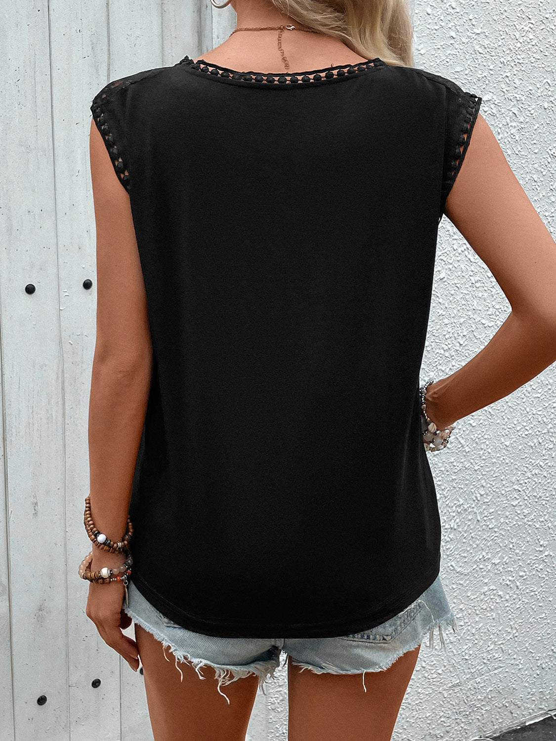 Lace Round Neck Cap Sleeve T-Shirt