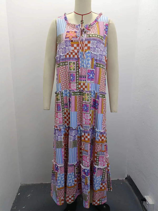 Ladies printed round neck long dress