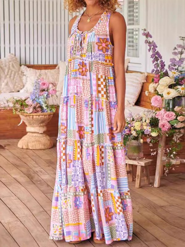 Ladies printed round neck long dress - Pink / S