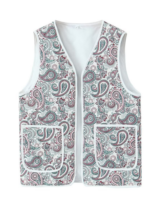 Ladies Retro Printed Patch Pocket Quilted Vest - Pattern5